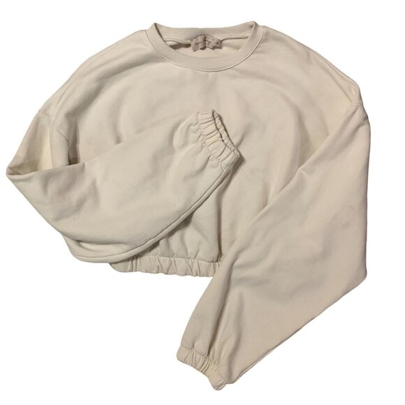 Beige Bontany Women Sweatshirt Cropped&Smocked Extra Long Sleeves Oversized M - Picture 2 of 9